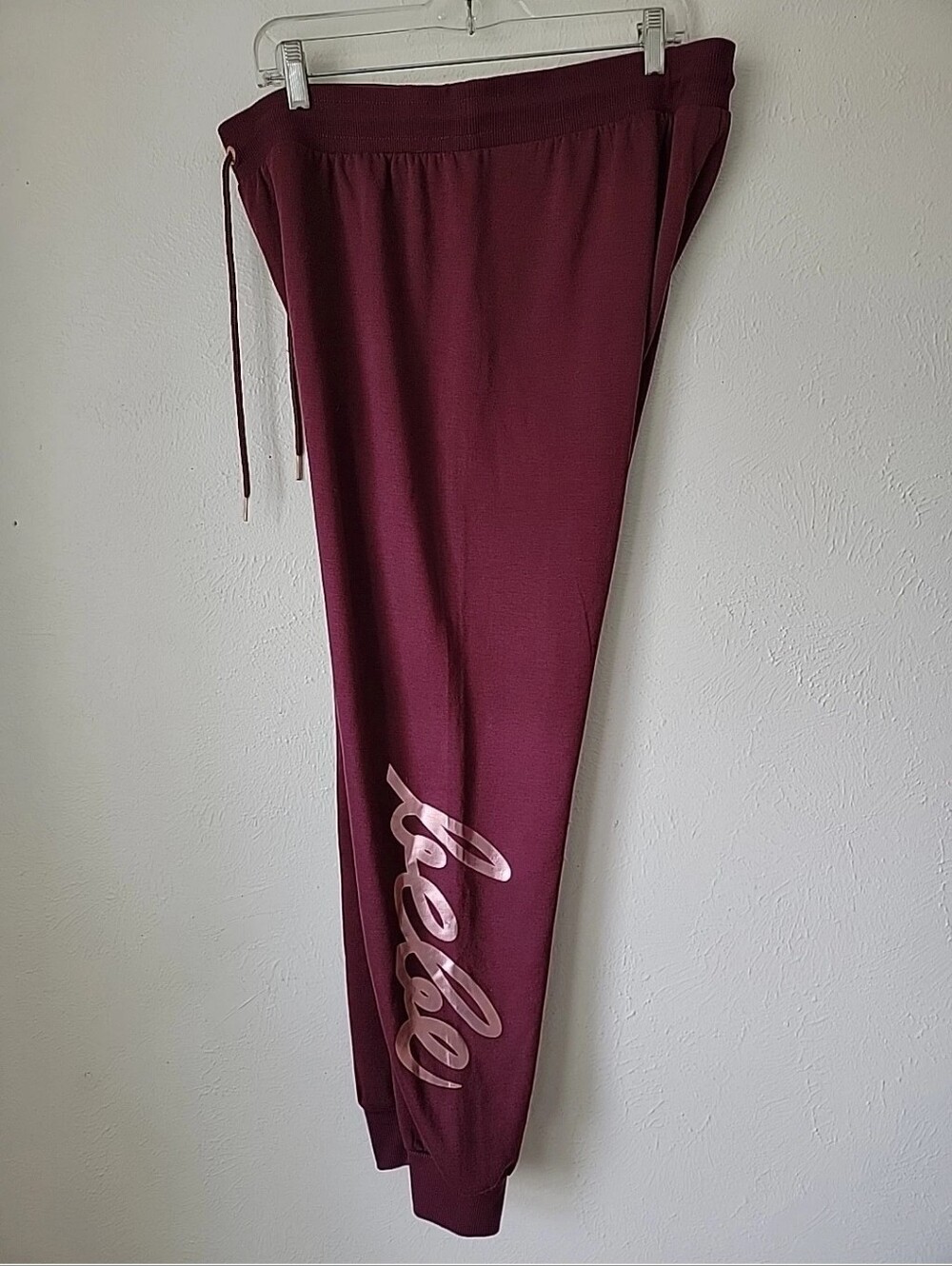 bebe Burgundy Sweatpants with Metallic Script Side Logo XL